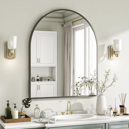 VooBang Arched Wall Mirror, 24 x 36 inch Arch Bathroom Mirror, Wall Mounted Vanity Mirror with Arch Metal Frame, Modern Bathroom Vanity Mirror for Bedroom, Living Room, Hanging or Leaning, Black