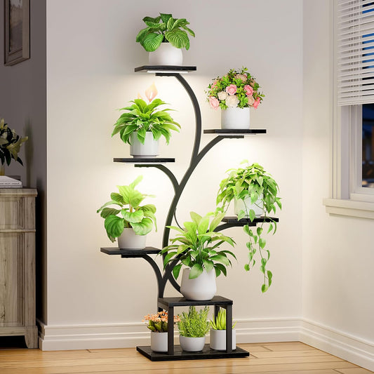 BACEKOLL Plant Stand Indoor with Grow Lights, 7 Tiered Indoor Plant Shelf, 49" Corner Plant Stands for Indoor Plants, Metal Plant Flower Display Shelf, Tree-Shaped Plant Rack for Home, Patio, Brown