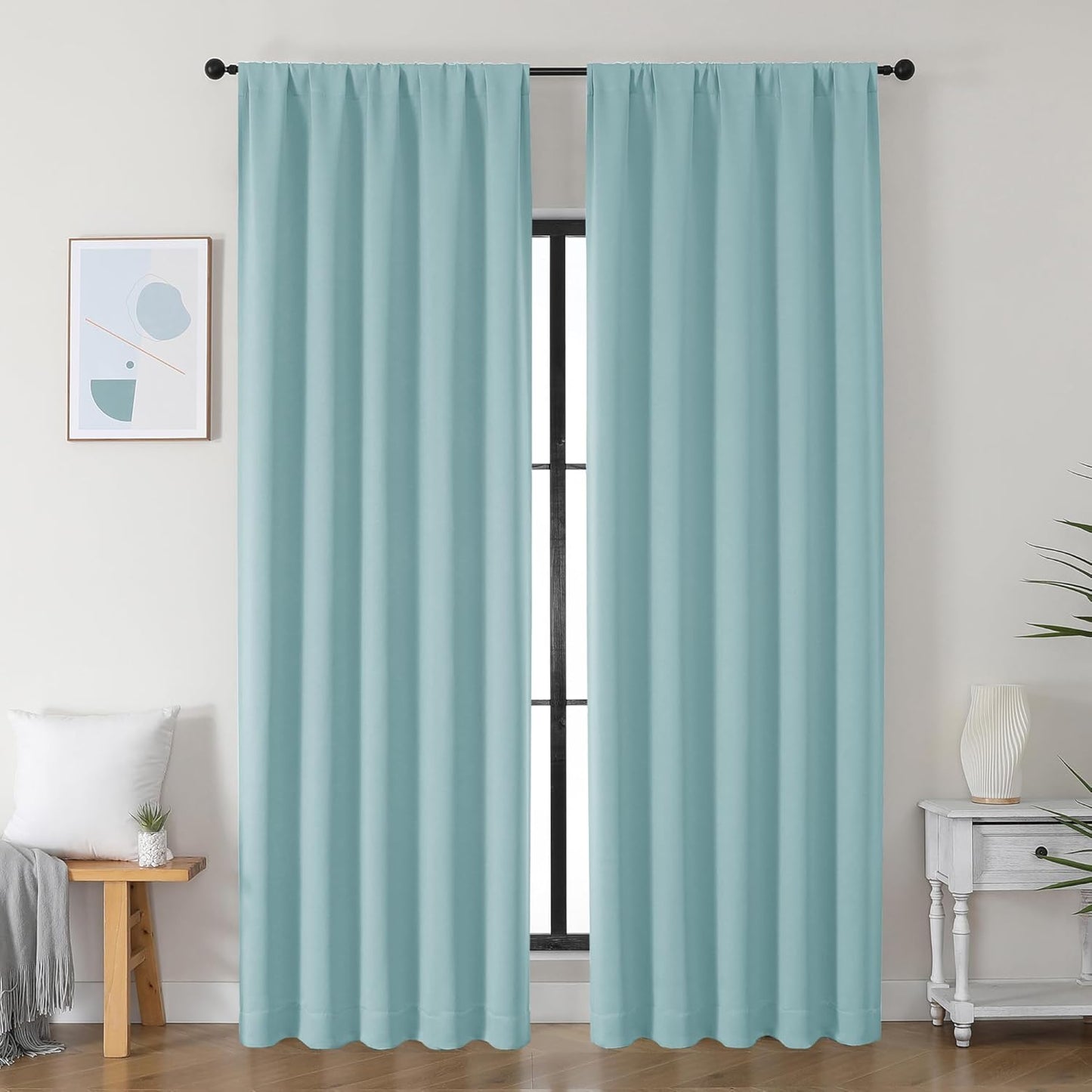 Simplebrand Ava Sage Green Blackout Curtains for Bedroom 63 Inch Length 2 Panels Set, Solid Thermal Insulated Energy Saving Rod Pocket Window Treatment Curtains Blackout Drapes, W40 x L63 Inch, Sage - Colors A