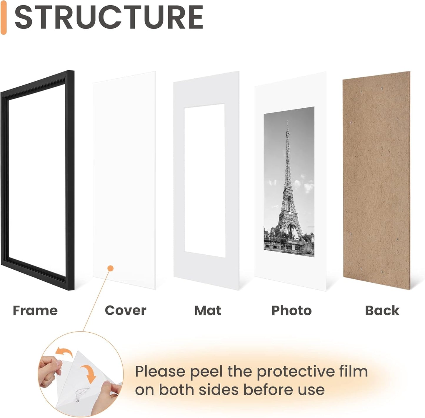 upsimples 11x14 Picture Frame Set of 5, Display Pictures 8x10 with Mat or 11x14 Without Mat, Wall Gallery Photo Frames, Black