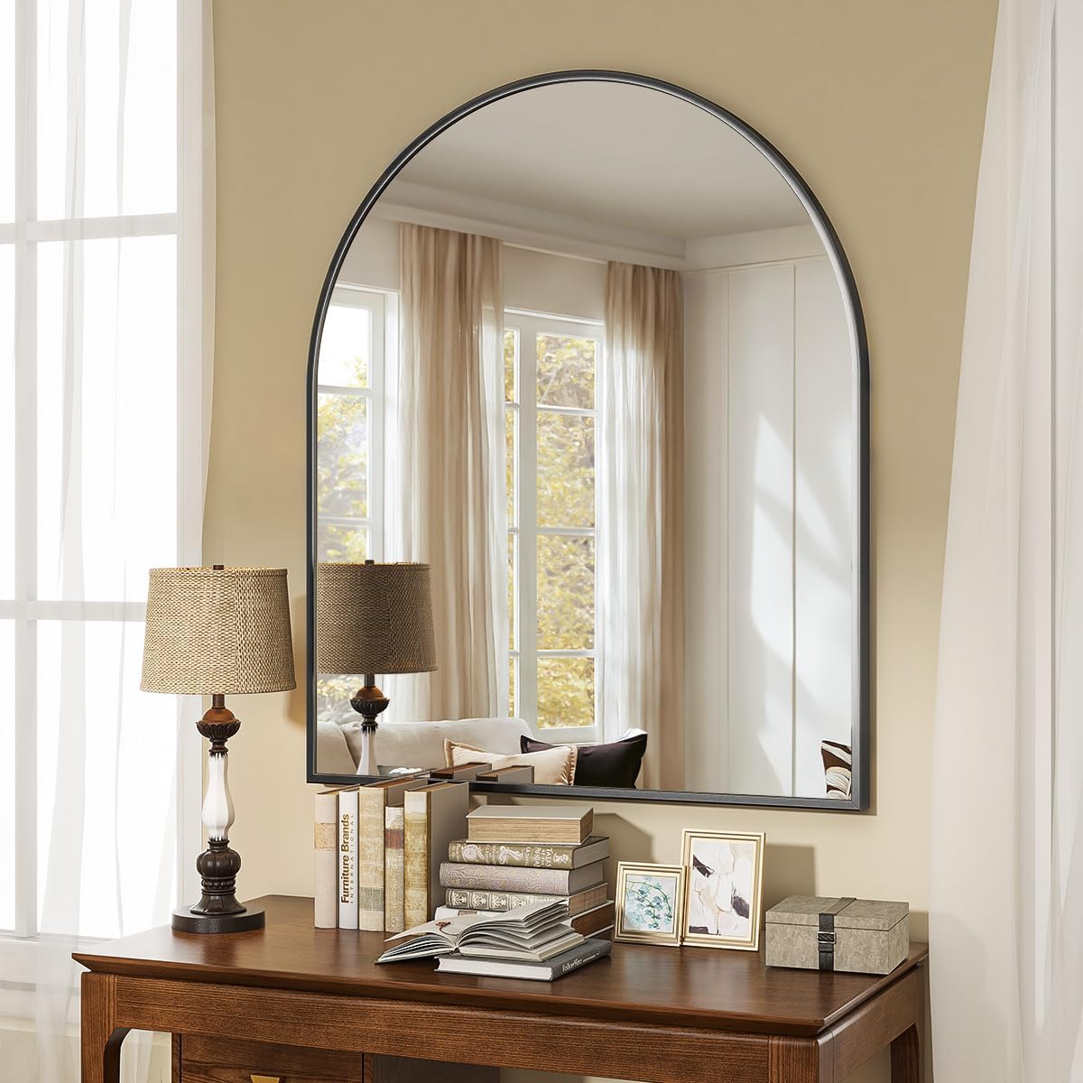 VooBang Arched Wall Mirror, 24 x 36 inch Arch Bathroom Mirror, Wall Mounted Vanity Mirror with Arch Metal Frame, Modern Bathroom Vanity Mirror for Bedroom, Living Room, Hanging or Leaning, Black