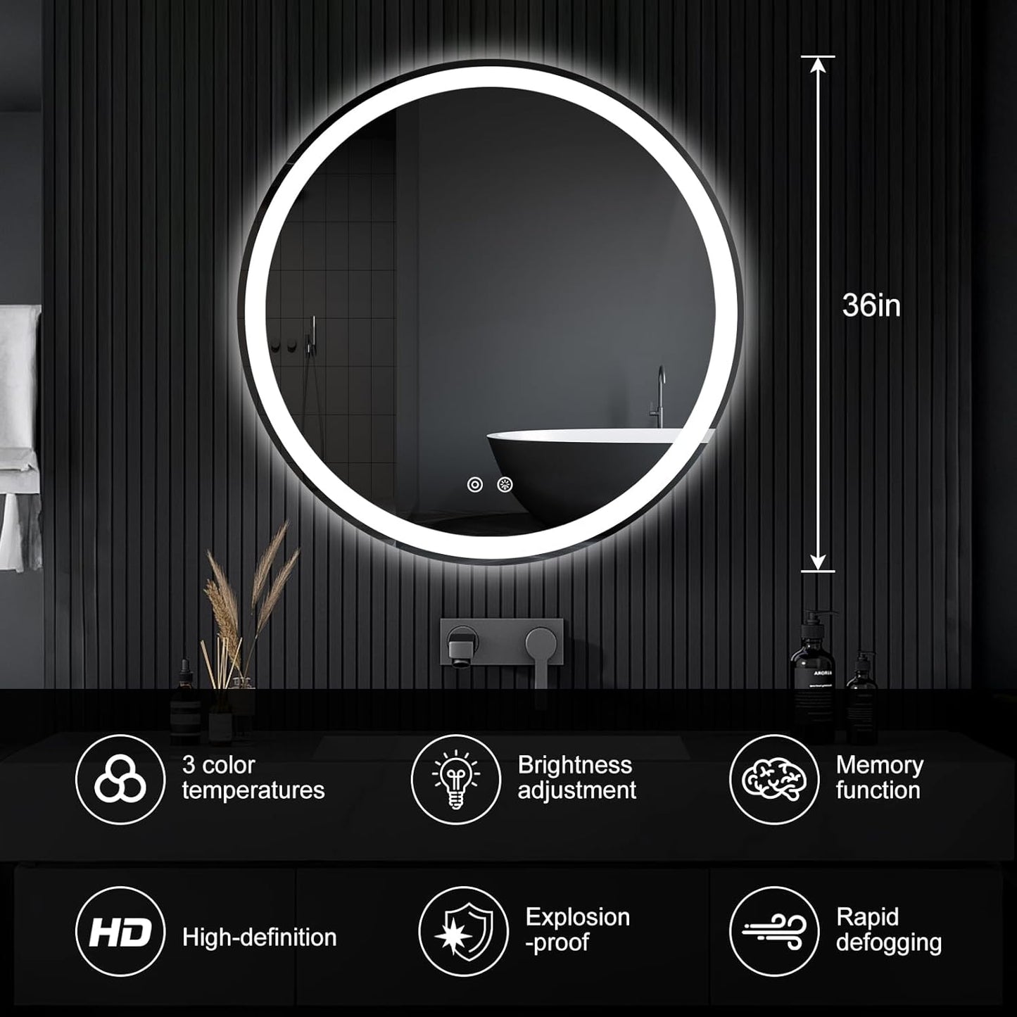 Sweetcrispy 24 Inch Round Wall Mirror with Tempered Glass, Bathroom Mirror Over Sink, Anti-Fog & Waterproof Round Mirror for Bathroom, Entryway, Bedroom, Shatterproof Design, Black
