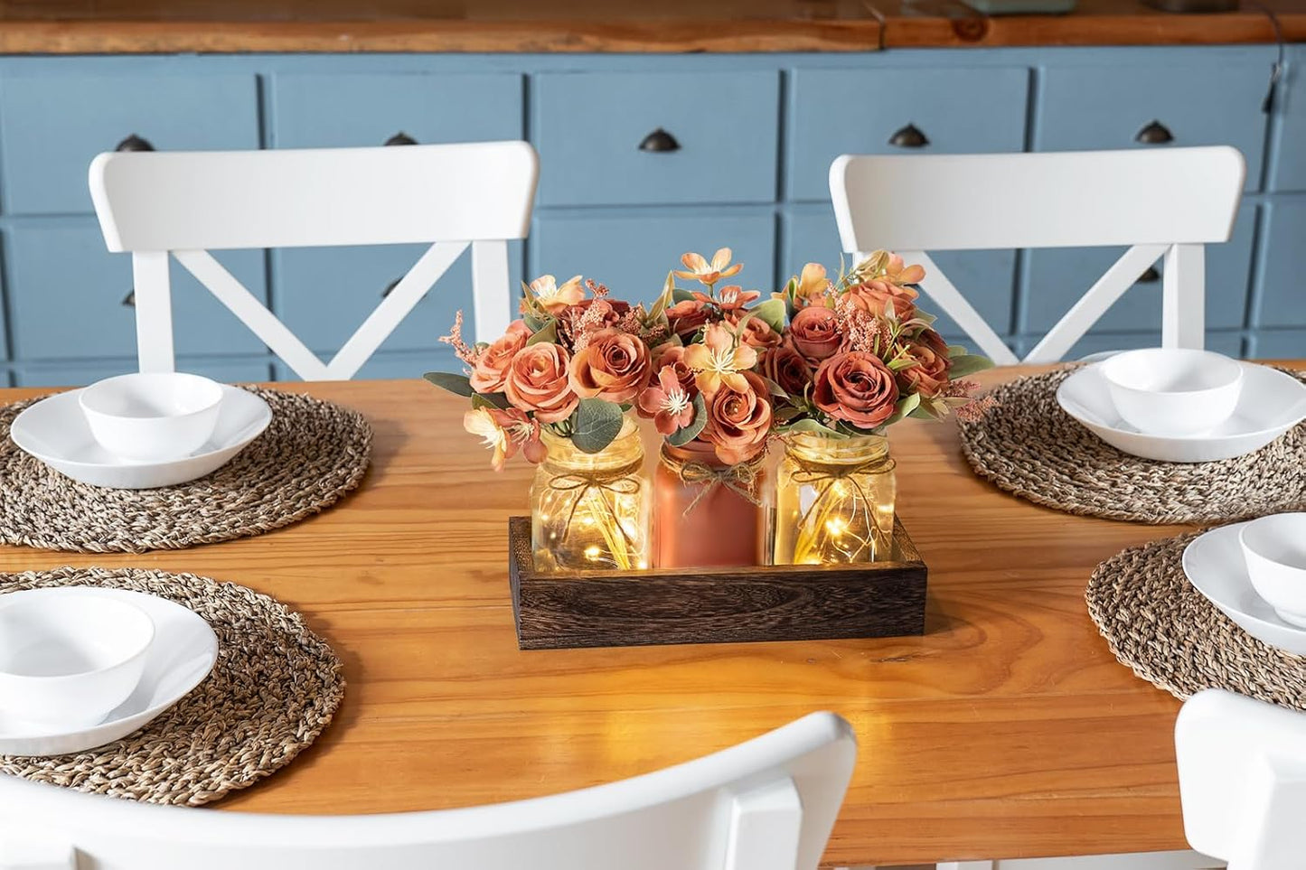 Mkono Mason Jar Lights Centerpiece Table Decor for Dining Room Farmhouse Wood Tray with 3 Jars Flowers Valentines Day Decoration for Coffee Table Kitchen Living Room Wedding