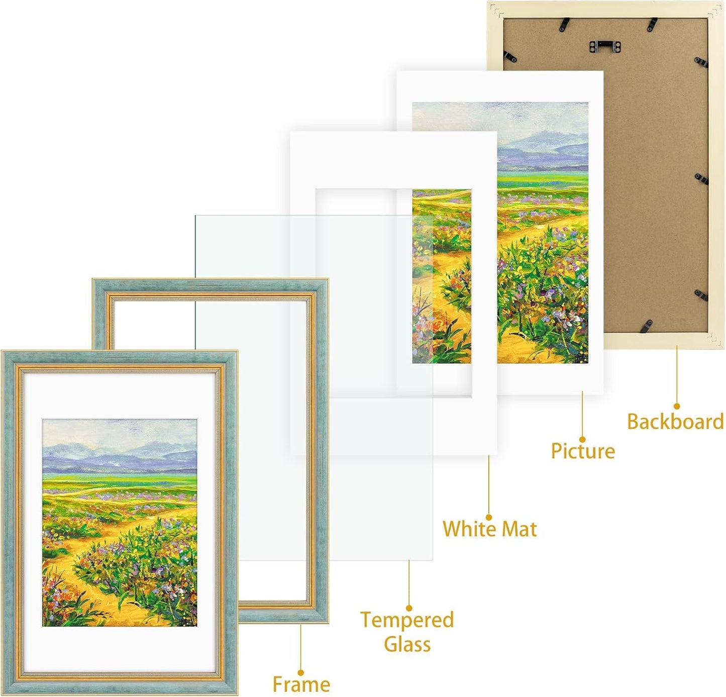 Golden State Art,11x14 Ornate Picture Frame for 8x10 Photo with Mat or 11 x 14 Prints without Mat,Real Glass Wall Display(Color:Green Gold)