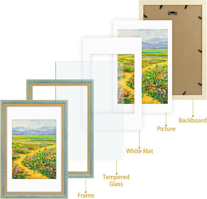 Golden State Art,11x14 Ornate Picture Frame for 8x10 Photo with Mat or 11 x 14 Prints without Mat,Real Glass Wall Display(Color:Green Gold)