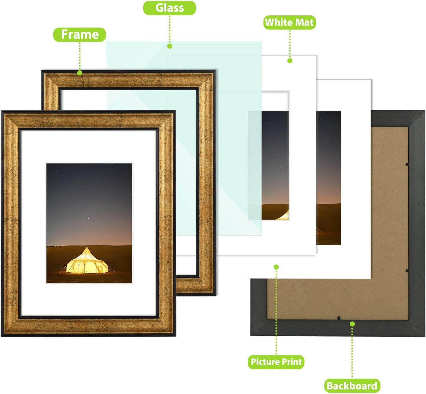 Golden State Art, 11x14 Photo Frame with Mat for Pictures 8x10 and Real Glass (Dark Gold Brown & Bronze Pewter Panel with White Color Mat, 1.25 Inch Frame Border)