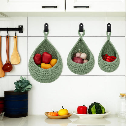 Honeydak Boho Decor Hanging Wall Baskets for Kitchen 3 Pack Teardrop Baskets with Hooks Storage Fruit Onion Vegetable Potato for Home 3 Sizes(Linen,Teardrop,Jute)