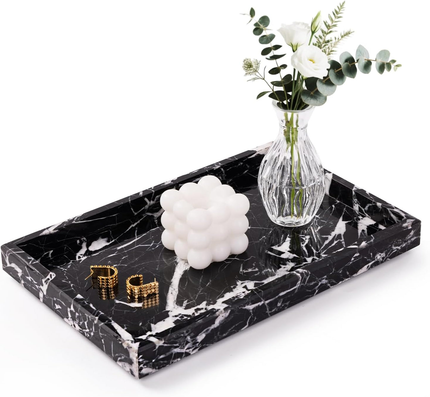 Marble Bathroom Tray for Countertop & Home Decor, Natural Decorative Marble Tray for Jewelry & Perfume Organizer, Luxury Stone Vanity Trays for Dresser, Kitchen Counter, 12" x 8", Gray Black