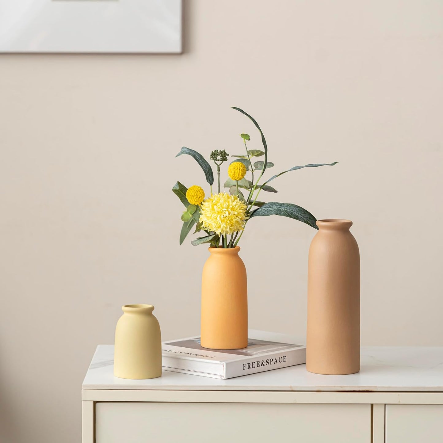 Ceramic Vase Set-3, Small Flower Vases for Decor, Modern Boho Farmhouse Style, Decorative Vases for Pampas Grass & Dried Flowers, Distressed Finish (Beige)