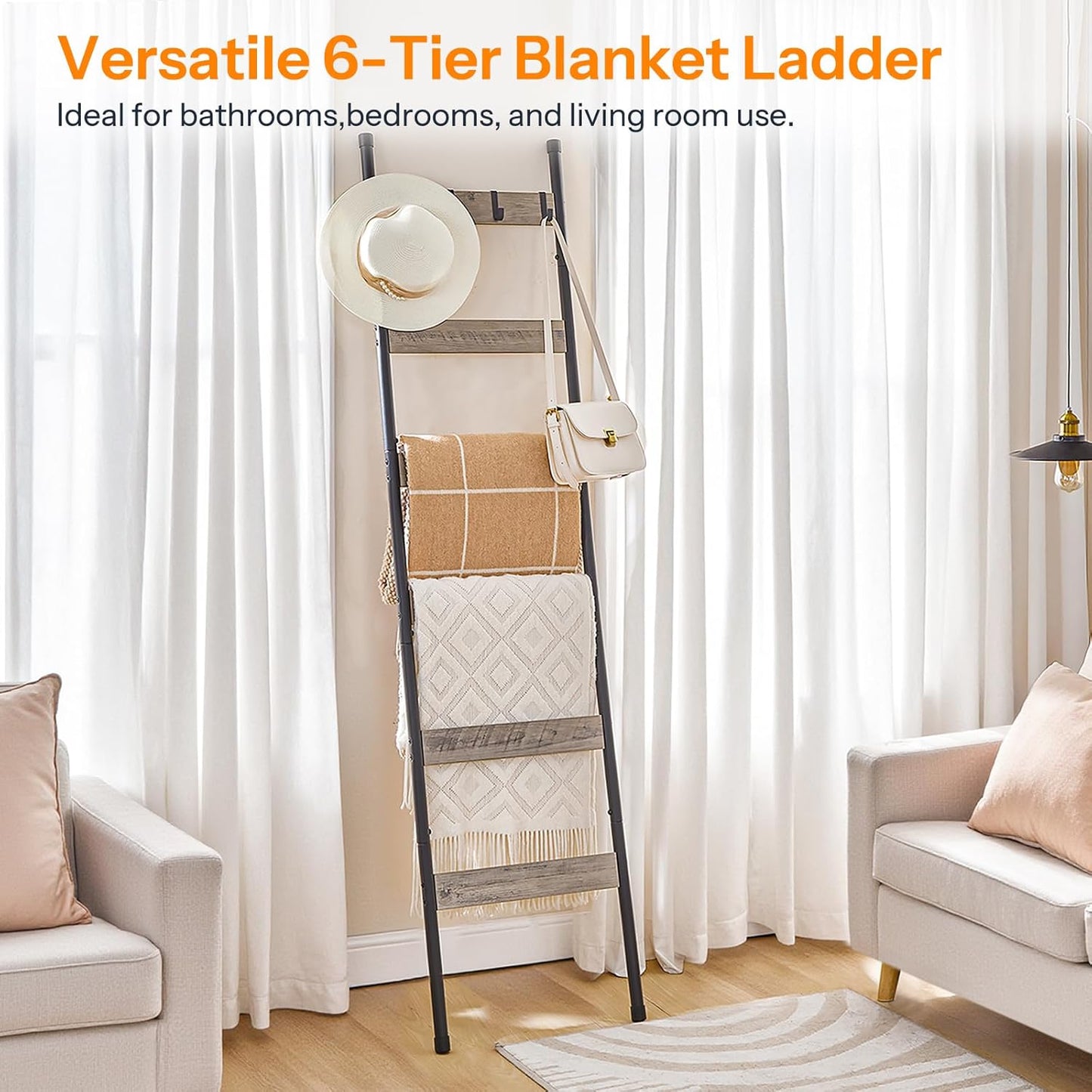 HOOBRO Blanket Ladder, 5-Tier Towel Rack with Hooks, Wall-Leaning Blanket Rack, Decorative Display Ladder Shelf, for Scarves, Industrial, Living Room, Bedroom, Rustic Brown and Black BF52CJ01
