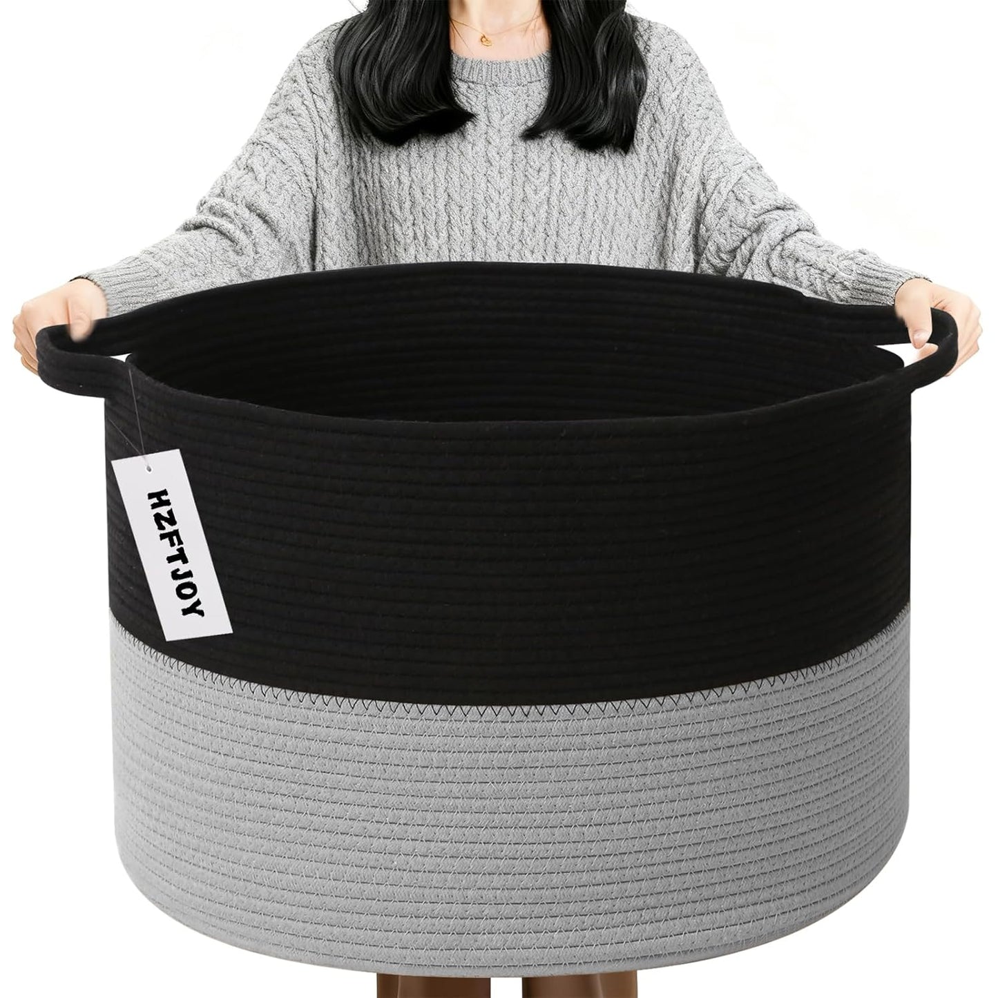Large Woven Blanket Basket,65L Cotton Rope Laundry Basket Hamper with Handles, Decorative Nursery Basket Storage Bin for Toys, Clothes Organizer, Living Room, Bedroom, Bathroom, White & Brown