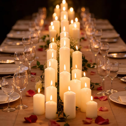 18 Pcs Ivory Pillar Candles Bulk Set，3 Different Lengths 2 x 3/4/6 Inch (6 Each)，Hurricane Candles，Dripless Unscented Smokeless，Gives You a Better Atmosphere When Organizing an Event Party.