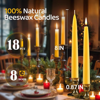 12 Pack Beeswax Taper Candles,8in Dripless Pure Beeswax Candles Non Toxic,8 Hours Long Burning 100% Natural Candle Sticks,Smokeless and Unscented Bees Wax Candle for Home,Prayer,Tall Tapered