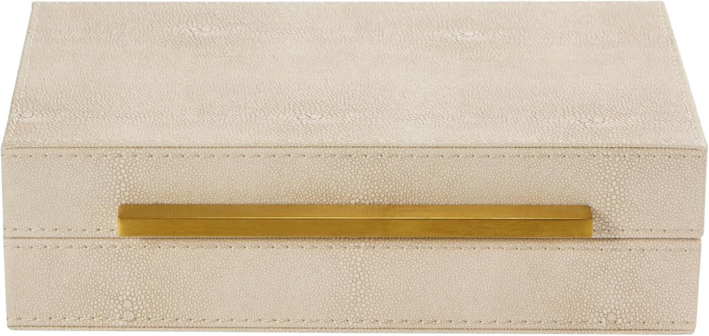 Sagala Set of 2 Ivory Shagreen Decorative Boxes With Brushed Gold Metal Handles, Faux Leather Jewelry Boxes Modern Storages Photo Memory Boxes Home Organizer Boxes (Ivory-Gold, 2pack)
