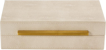 Sagala Set of 2 Ivory Shagreen Decorative Boxes With Brushed Gold Metal Handles, Faux Leather Jewelry Boxes Modern Storages Photo Memory Boxes Home Organizer Boxes (Ivory-Gold, 2pack)