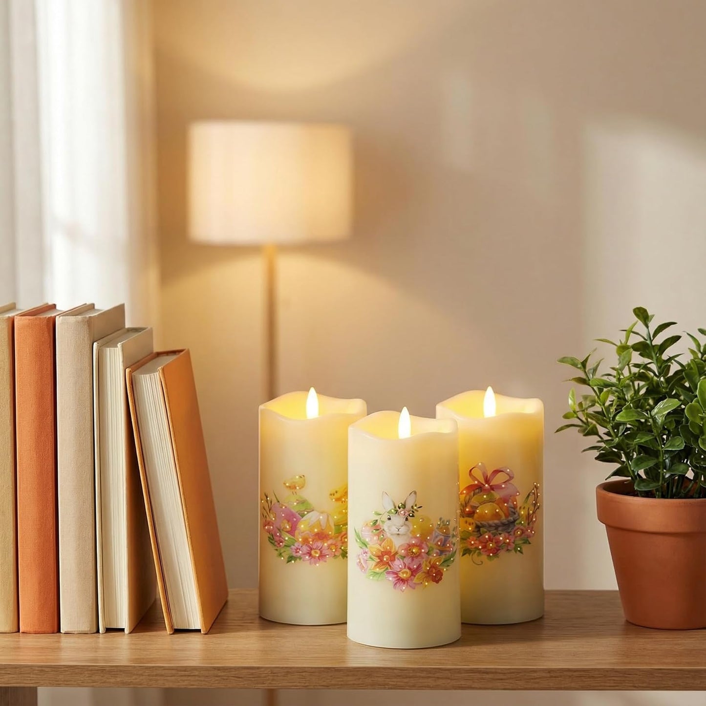 Eywamage Fiber Optic Flameless Pillar Candles with Remote Set of 3, Butterfly Floral Spring LED Candles Battery Operated Gift Φ 3" H 6"