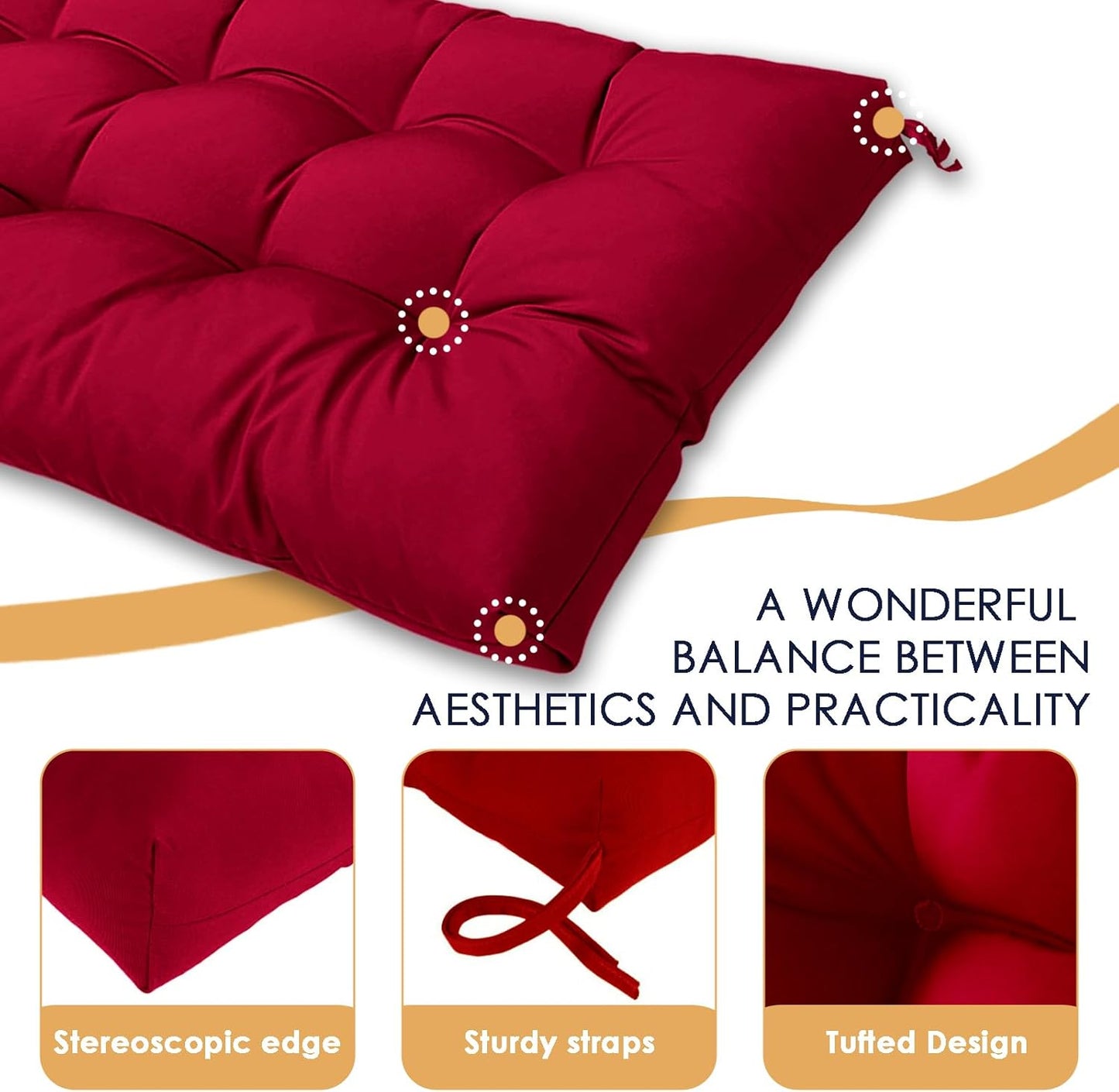 MTMR Outdoor Bench Cushion-44X19 Water-Repellent Tufted Porch Swing Cushions with High Elasticity PP Cotton and Ties Fade-Resistant Patio Outdoor Chair Cushion for Bench Furniture, Indoor Seat Cushion