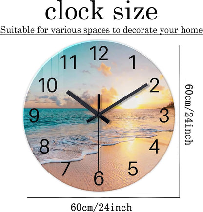 Beach Wall Clock Battery Operated 12 Inch Glass Wall Clock Non Ticking Analog Blue Wall Clocks for Bedroom Living Room Office Decor