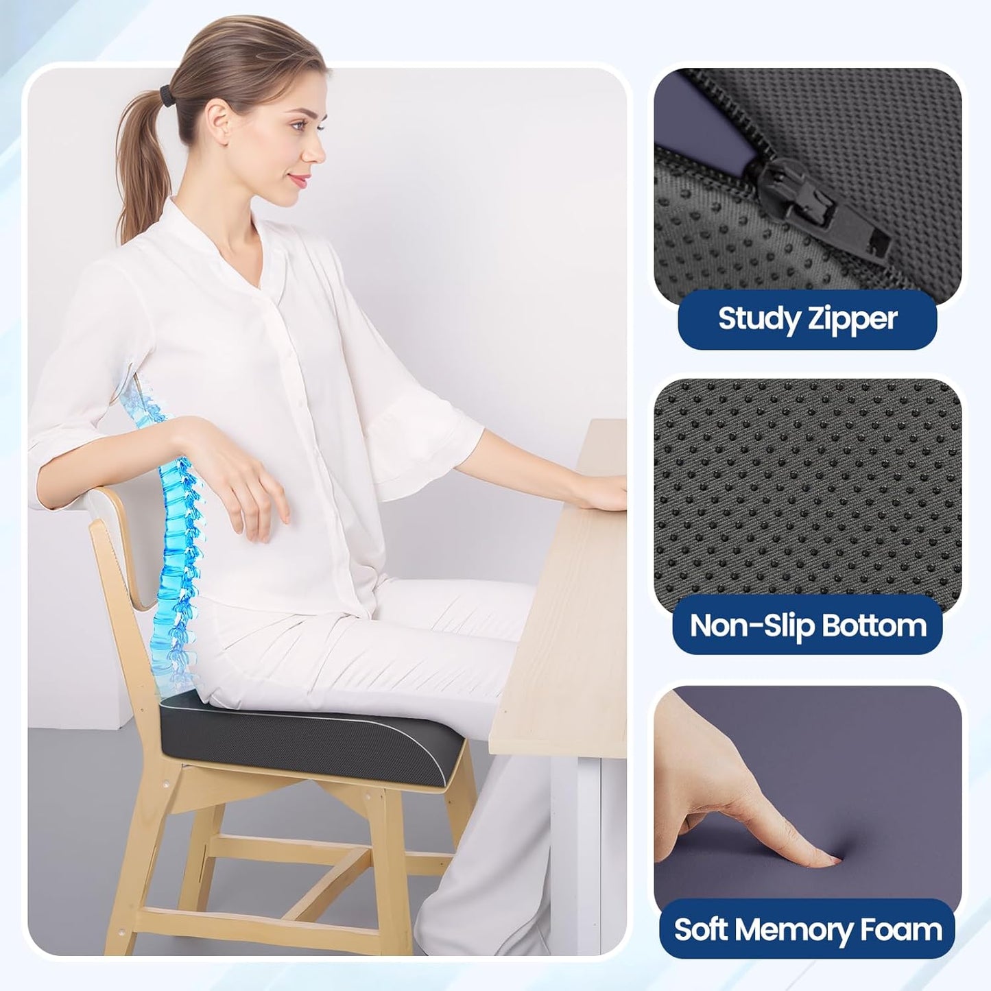 SweetSlubr Seat Cushion for Tailbone Pain Relief, Office Chair Cushion, Memory Foam Large Cushion with Non-Slip Cover for Soft Support at Office Chair, Car Seat, Airplane, Floor Pillow, Black/Large