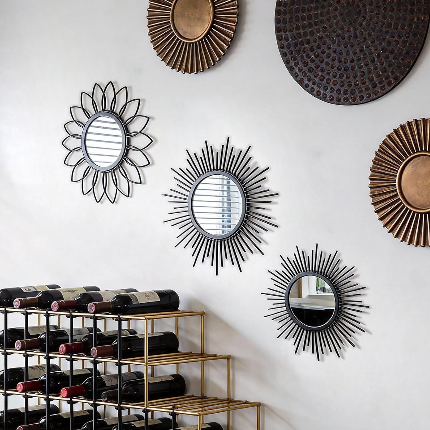 Boho Sunburst Wall Mirror Set of 3, 12 Inch Round Antique & Modern Metal Wall Art, Hanging Over The Door Mirrors for Wall Decor in Living Room, Bedroom, Bathroom, Entryway（Gold）