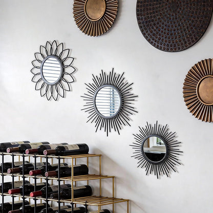 Boho Sunburst Wall Mirror Set of 3, 12 Inch Round Antique & Modern Metal Wall Art, Hanging Over The Door Mirrors for Wall Decor in Living Room, Bedroom, Bathroom, Entryway（Gold）