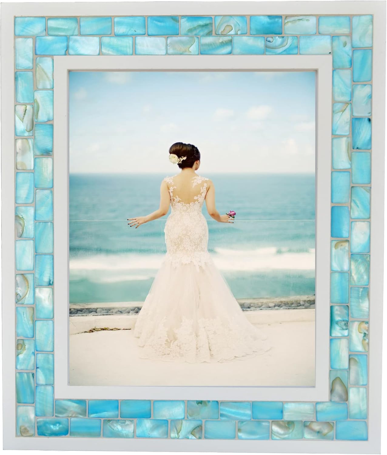 Silver Plate Picture Frame 5x7 Mother of Pearl 5 by 7 Photo Frame Mosaic Glass Tabletop Frame (Grey+ White,1pc)