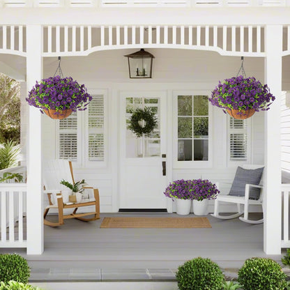 Hananona 2 Set Artificial Outdoor Flowers with Hanging Basket, 2 Hanging Planters with 24 Pcs Flowers for Spring Summer Front Porch Garden Patio Home Decor (2, Red, Purple, Yellow, Rose Red)