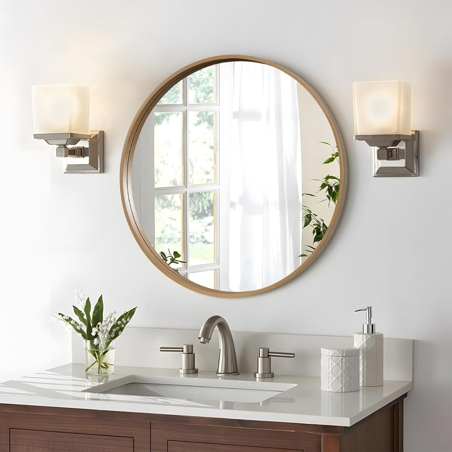 WallBeyond Wood Round Mirror with Wood Frame 24 inch Circle Wall Mirror for Bathroom Round Wall Mirror for Wall Decor, Vanity, Entryway Living Room (Walnut)