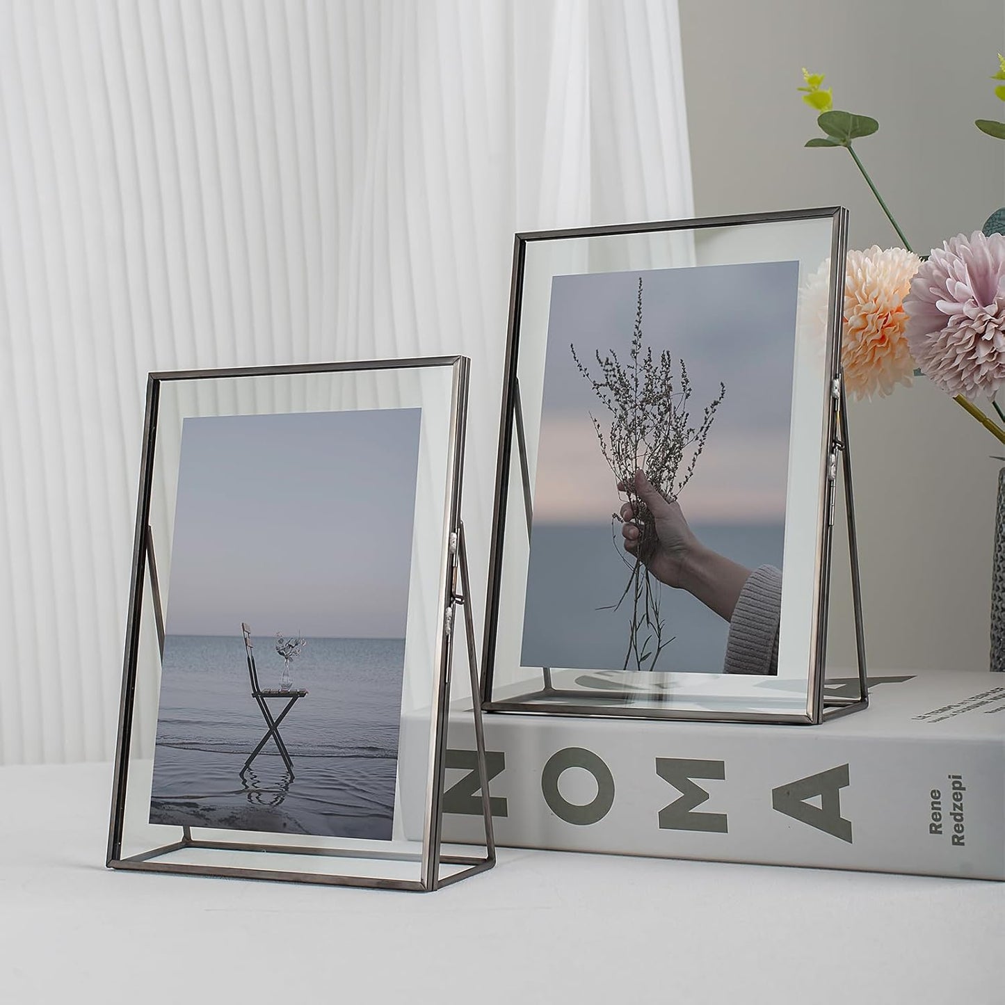 Gold Floating Picture Frame Set of 2, 10"x12" Glass Pressed Flower Picture Frames, Tabletop Standing Glass Floating Frame for 8x10 Photo Display