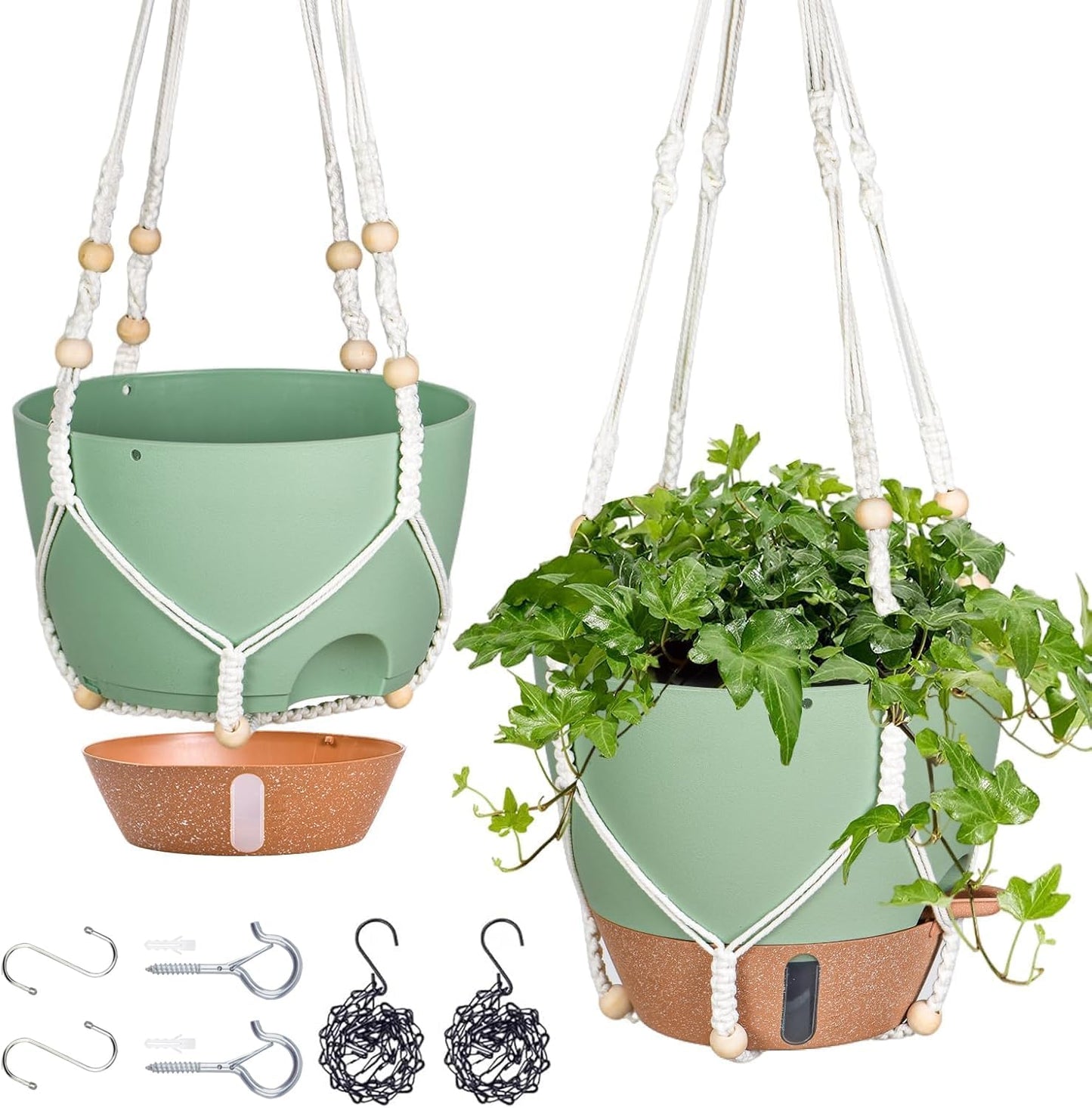 10 Inch Hanging Planters for Indoor Plants, 2 Pack Self Watering Hanging Baskets Flower Pots with Drainage Hole, Visual Reservoir & 2 Kinds of Plant Hanger for Outdoor Garden Home Decor (White)