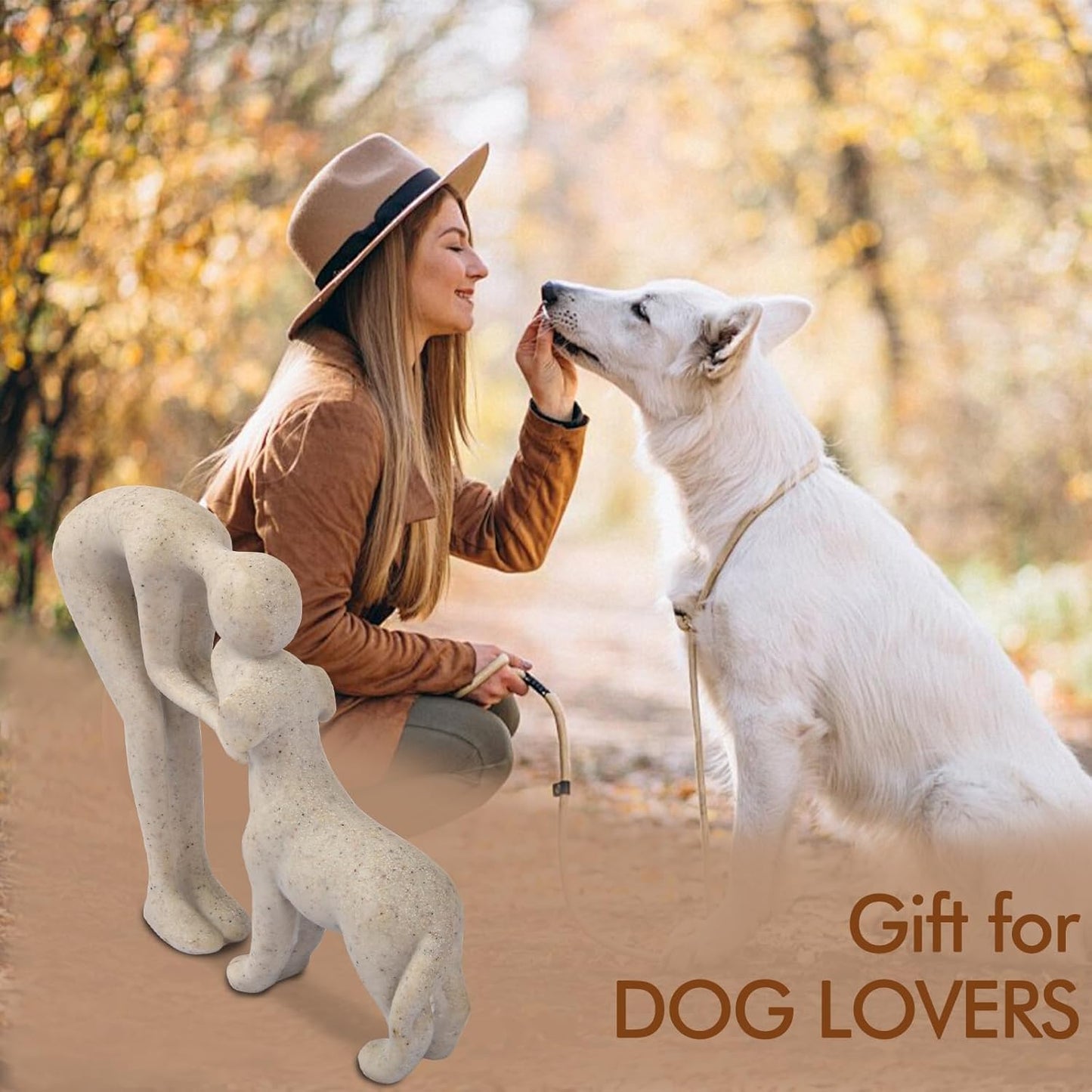 Abstract Resin Hand-Painted Sculpture of Person and Dog Bonding – Head-to-Head Intimate Figurine Decoration for Office、Living Room、Bedroom、Home， Memory Gifts for Pet Lovers (Sandstone)
