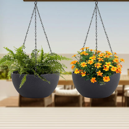 Meowell 10 inch Hanging Planters for Indoor Outdoor Plants, 2 Pack Hanging Flower Pots with Drainage Holes and Chain for Garden Porch, Plastic Hanging Baskets for House Plants, Speckled Grey