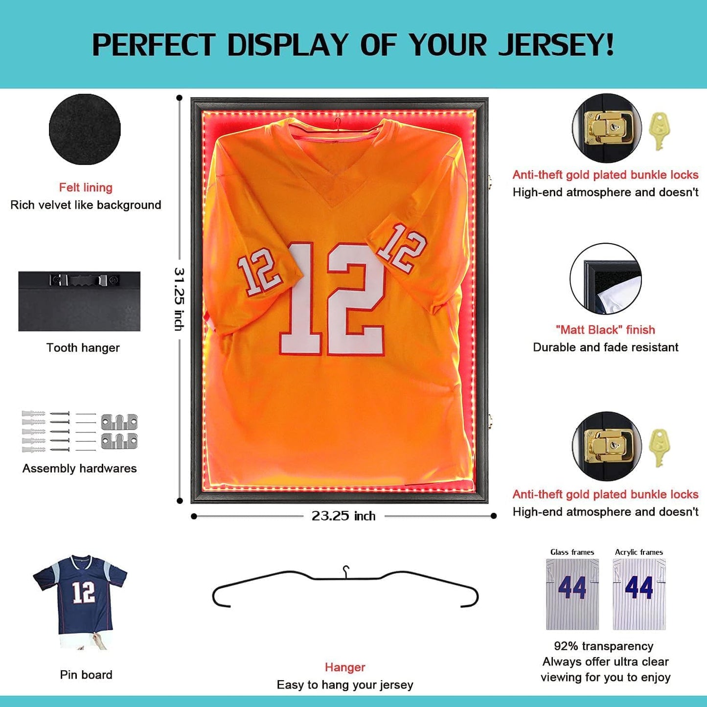 KCRasan Jersey Display Frame Case - Large Lockable Frames Shadow Box with UV Protection for Baseball Basketball Football Soccer Hockey Sport Shirt Matte Black Finish