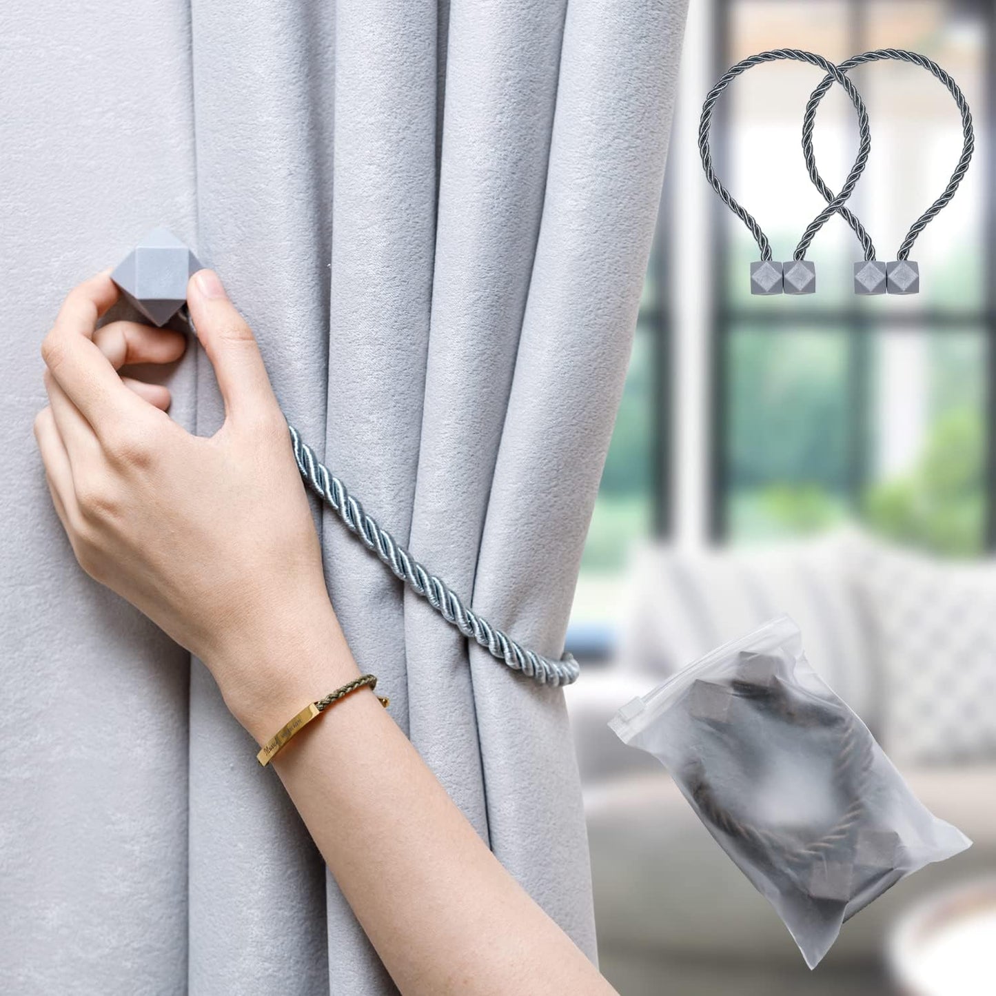 NazTur Magnetic Curtain Tiebacks- Upgrade 2022 with a Thicker Twist Rope & Strong Magnet Tieback Window Treatment Holdbacks Draperies Holders Decorative Drape Handmade Tie Back (Black, 2)