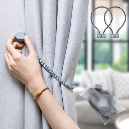 NazTur Magnetic Curtain Tiebacks- Upgrade 2022 with a Thicker Twist Rope & Strong Magnet Tieback Window Treatment Holdbacks Draperies Holders Decorative Drape Handmade Tie Back (Black, 2)