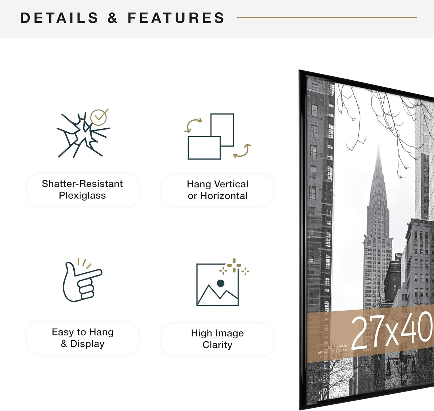 MCS Trendsetter 24x36 Poster Frame Black High-Gloss, Vertical & Horizontal Wall Hanging Large Picture Frame for Photos, Posters & Art Prints (1-Pack)