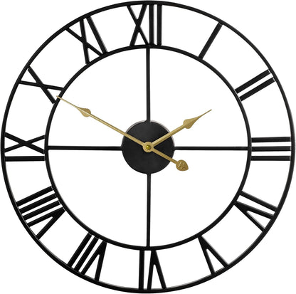 LEIKE 16" Large Wall Clocks Battery Operated, Round Modern Silent Non-Ticking Black Metal Wall Clock for Living Room Decor, Bedroom Kitchen (40cm Diameter, Black Roman Number)