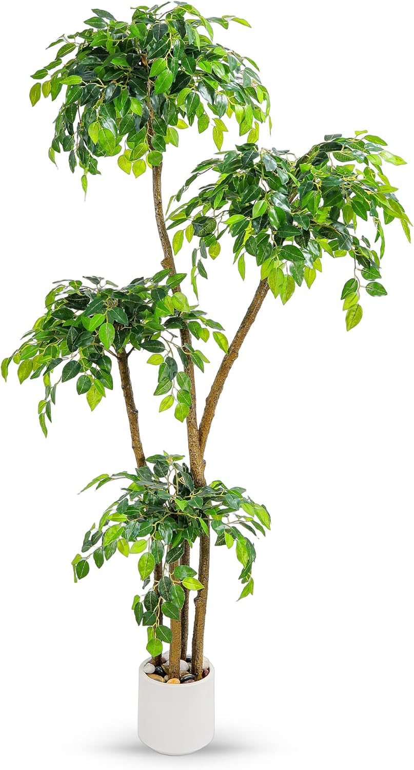 5FT Artificial Ficus Tree with White Planter and Pebbles,Faux Silk Tree with Lifelike Leaves and Realistic Trunk,Tall Fake Potted Plant for Home and Office Décor Indoor and Outdoor (5FT)
