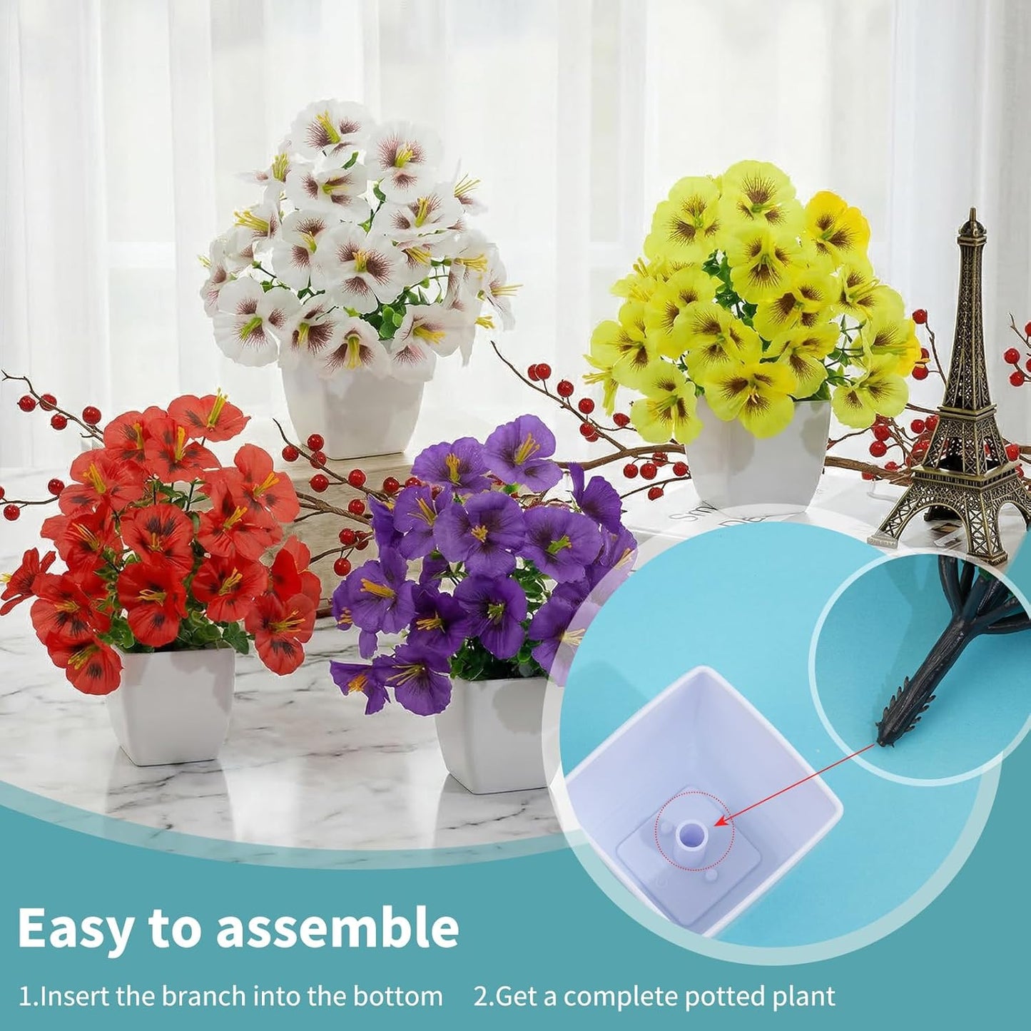 LOYWREE 4 Pack Small Artificial Mums Flowers in White Pots, Fake Mini Potted Plants, Spring Floral Decor for Home Bathroom Shelves Office Desk Table Centerpiece Indoor Decoration