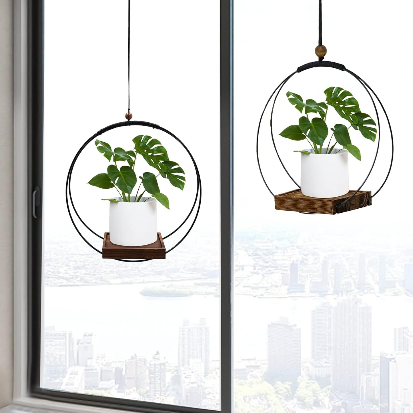 Hanging Planter for Indoor Plants, Black Plant Hanger Indoor with Sturdy Wood Base, Modern Boho Macrame Plant Hanger for 3-5.5 Inch Pot, Hanging Wall Ceiling Window Home Decor (Pots Not Included)