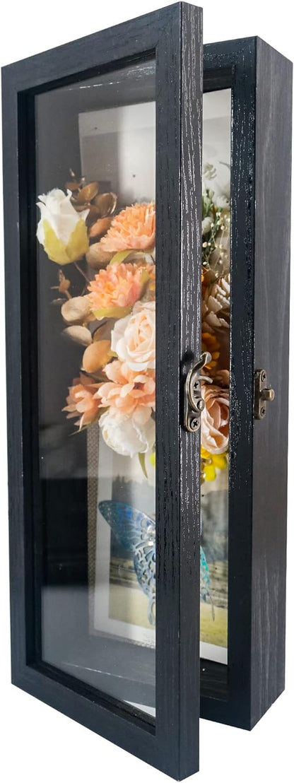 GraduationMall 13x16 Wood Shadow Box Frame Glass Door Display Case with Linen Back and 6 Stick Pins,1.5 inches Interior Depth,Ideal for Memorabilia Pictures Flowers Medals Tickets Rustic White