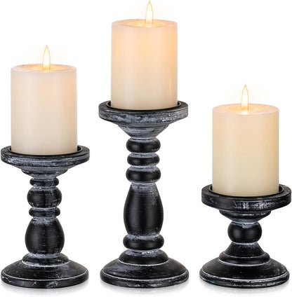 Wood Pillar Candle Holder: 3Pcs Rustic White Candle Holders for Pillar Candles Wood Candle Holders Distressed Wooden Farmhouse Candle Holder Large Rustic Candle Holder for Fireplace Table