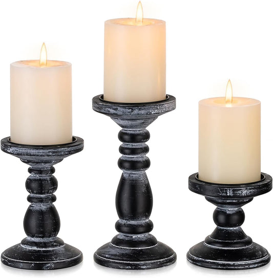 Wood Pillar Candle Holder: 3Pcs Rustic White Candle Holders for Pillar Candles Wood Candle Holders Distressed Wooden Farmhouse Candle Holder Large Rustic Candle Holder for Fireplace Table