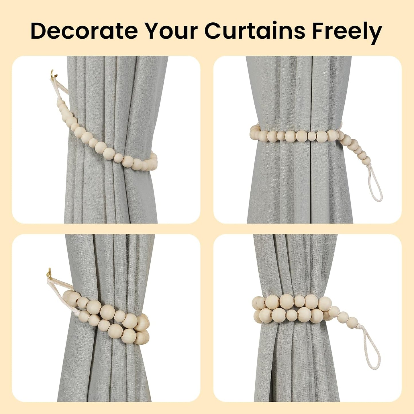 Wood Bead Curtain Tiebacks, KLOGTSIND Set of 2 Curtain Holdbacks for Thin or Thick Window Draperies, Boho Farmhouse Curtain Tiebacks with Hooks, Curtain Tie Backs for Home Office Room Decor