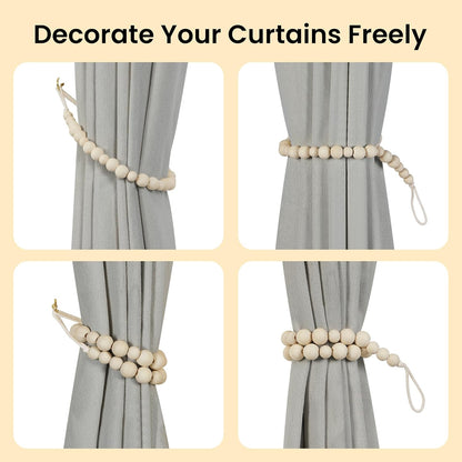 Wood Bead Curtain Tiebacks, KLOGTSIND Set of 2 Curtain Holdbacks for Thin or Thick Window Draperies, Boho Farmhouse Curtain Tiebacks with Hooks, Curtain Tie Backs for Home Office Room Decor