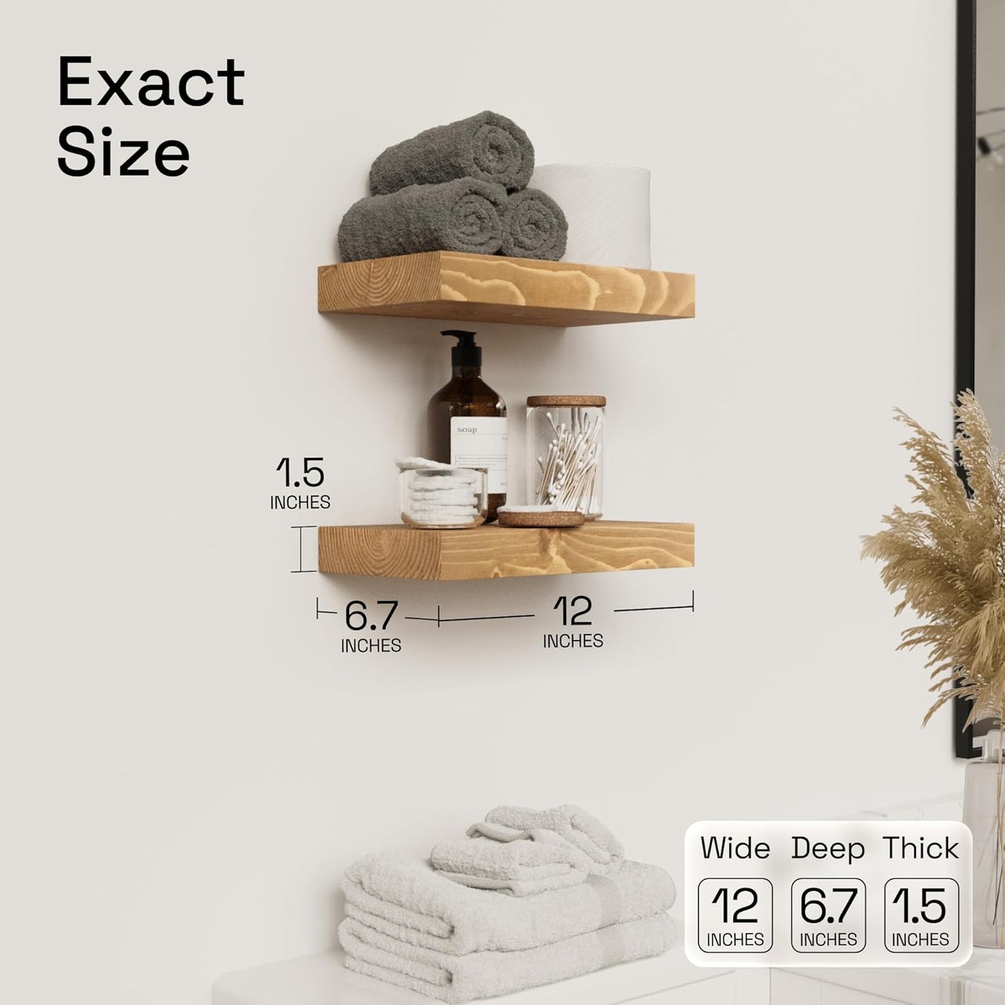 BAOBAB WORKSHOP Wood Floating Shelves for Wall Mounted, 16 inch Walnut Floating Shelf for Bathroom, Solid Wooden Wall Shelves for Kitchen Bedroom Farmhouse, Walnut Finish, 16 x 6.7, Set of 2