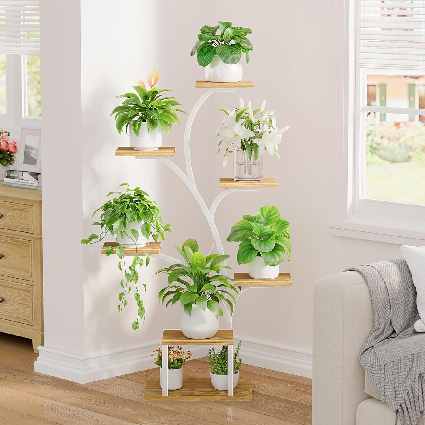 BACEKOLL Plant Stand Indoor with Grow Lights, 7 Tiered Indoor Plant Shelf, 49" Corner Plant Stands for Indoor Plants, Metal Plant Flower Display Shelf, Tree-Shaped Plant Rack for Home, Patio, Brown