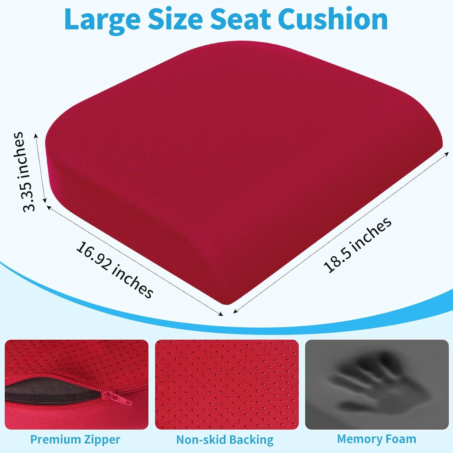 TranquilRelax Large Seat Cushion, Memory Foam Cushion for Long Sitting Hours on Office Chair, Car Seat, Non-Slip Chair Pad for Sciatica, Coccyx, Tailbone Pain Relief & Post-Surgery Recovery (Black)