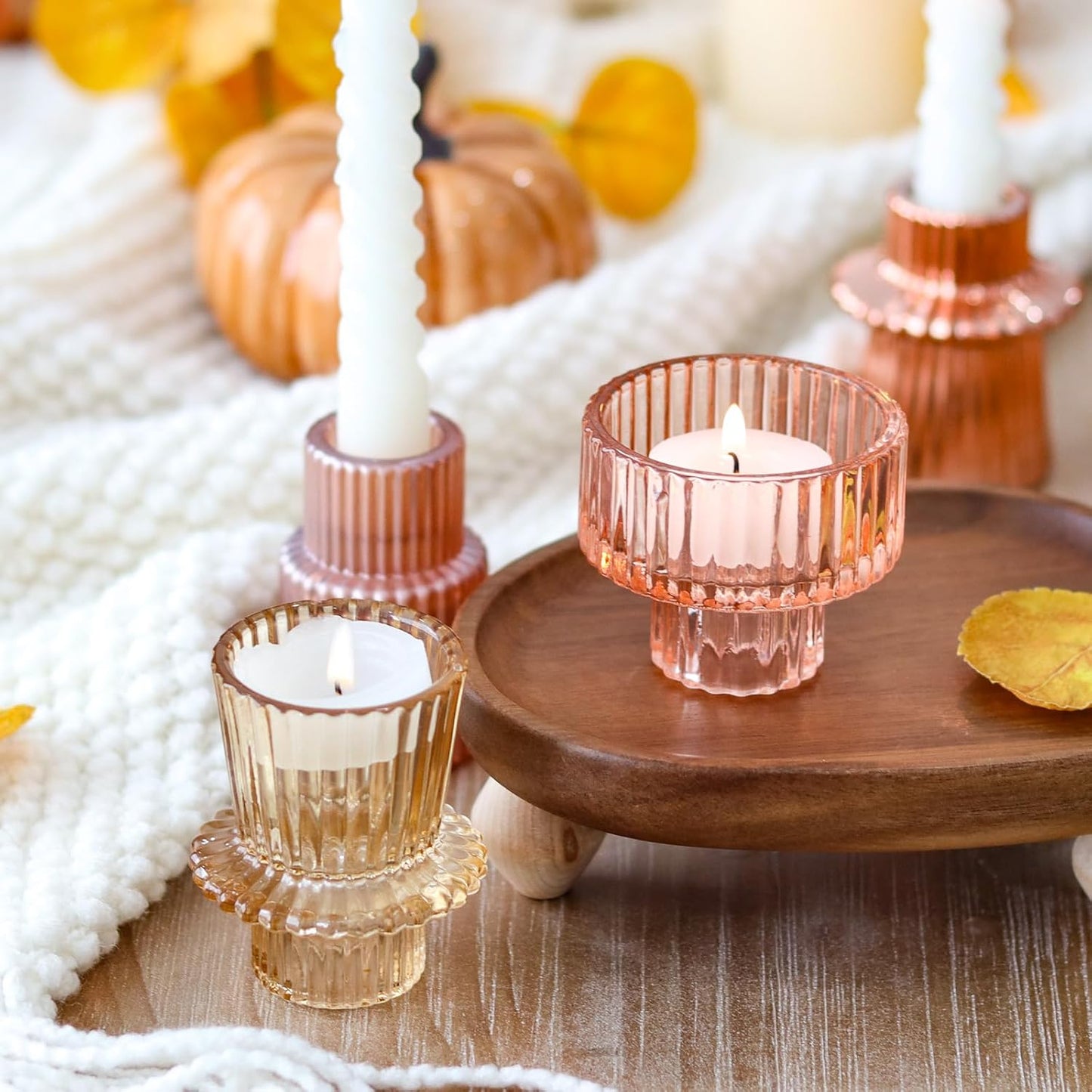 Brown Candlestick Holders 12PCS Ribbed Glass Taper Candle Holders Set for Tealight Candlestick Candles, Table Centerpieces for Thanksgiving Christmas Farmhouse Decor Indoor and Outdoor
