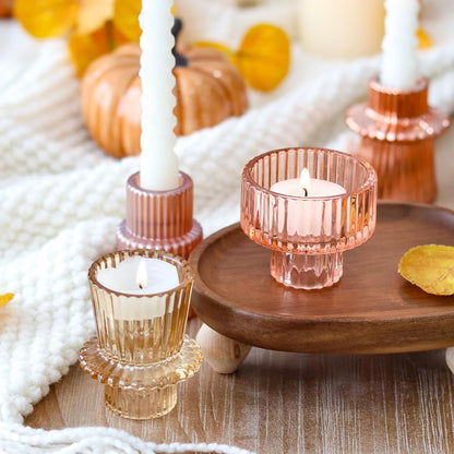 Brown Candlestick Holders 12PCS Ribbed Glass Taper Candle Holders Set for Tealight Candlestick Candles, Table Centerpieces for Thanksgiving Christmas Farmhouse Decor Indoor and Outdoor